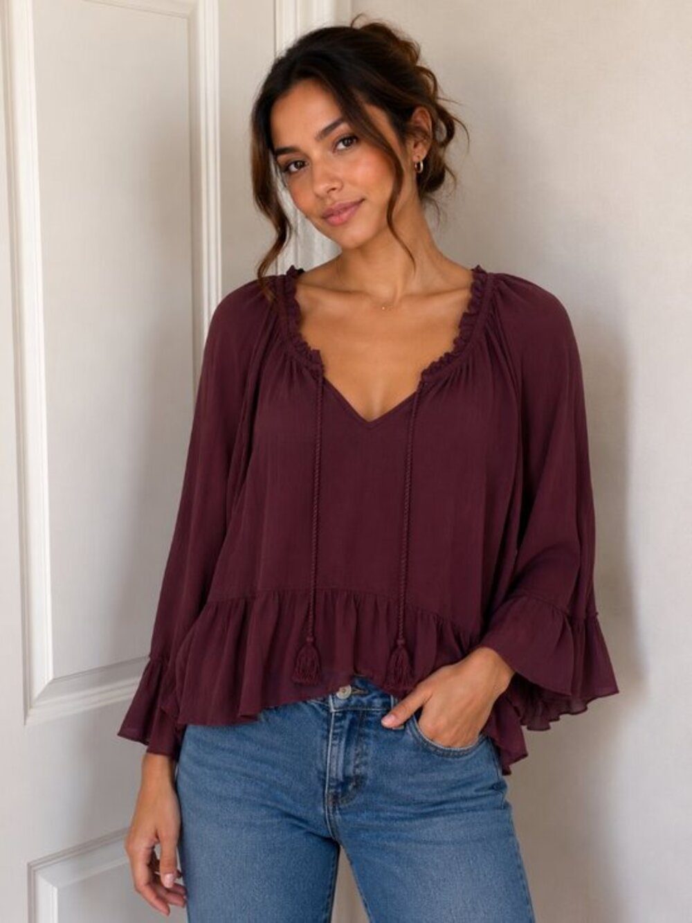 Hippie Rose Red Relaxed Ruffled 3/4 Sleeve Blouse size M